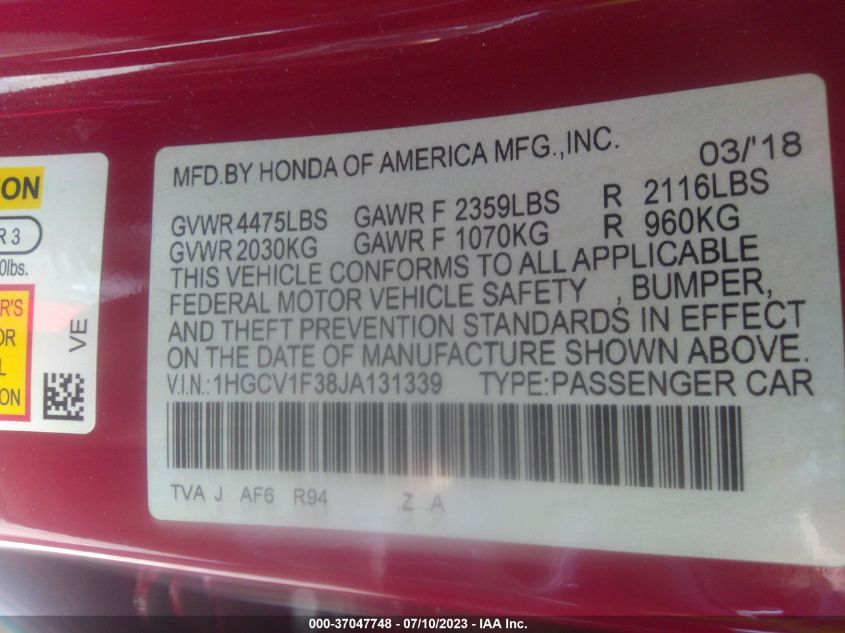 2018 HONDA ACCORD SEDAN SPORT 1.5T - 1HGCV1F38JA131339