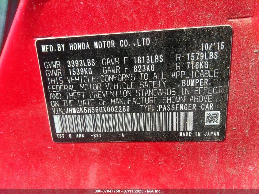 2016 HONDA FIT LX - JHMGK5H56GX002289