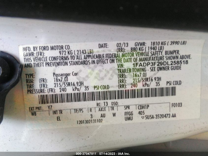 2013 FORD FOCUS SE - 1FADP3F29DL258518