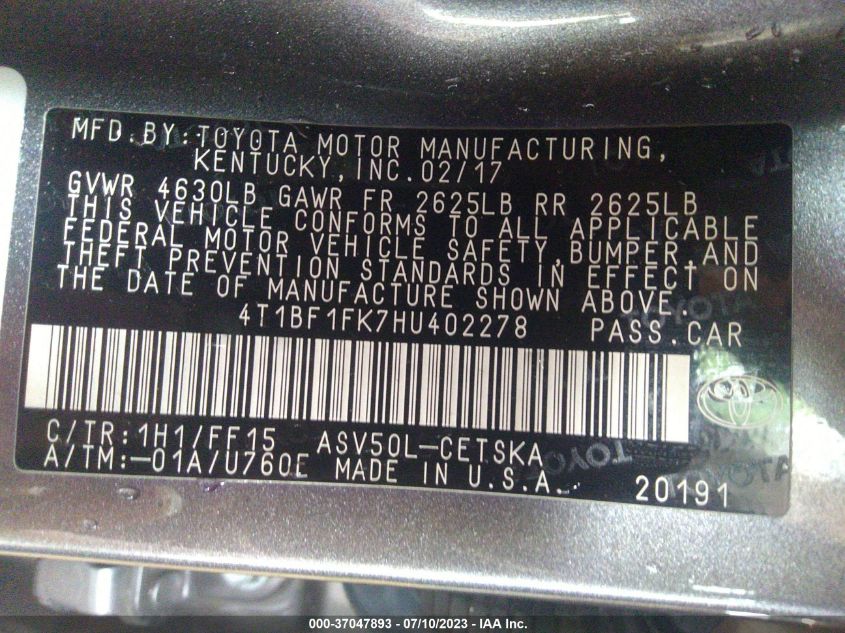 2017 TOYOTA CAMRY SE - 4T1BF1FK7HU402278