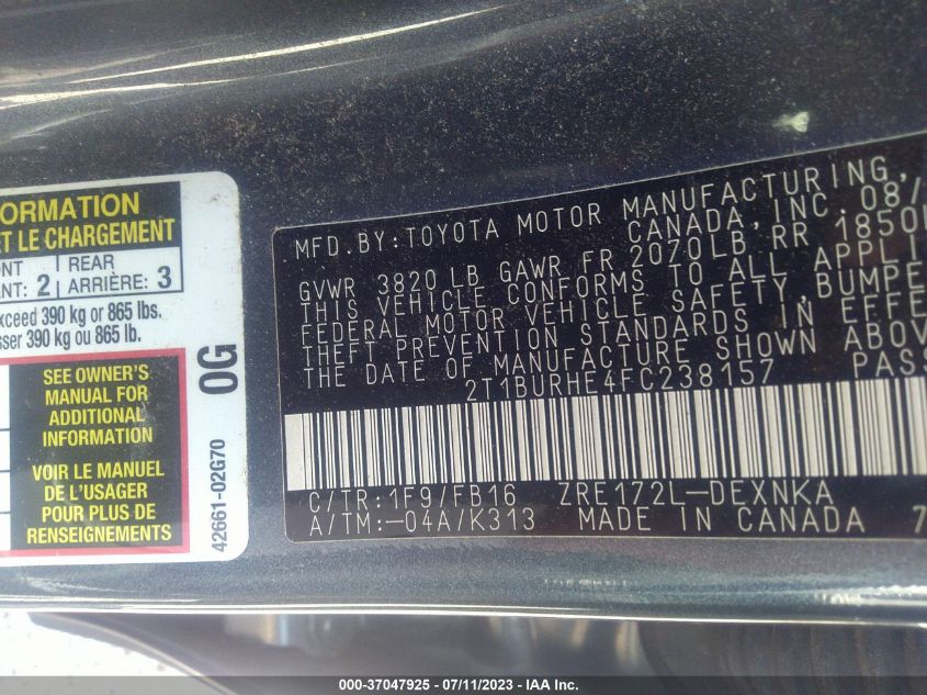 2015 TOYOTA COROLLA L/LE/LE PLS/PRM/S/S PLS - 2T1BURHE4FC238157