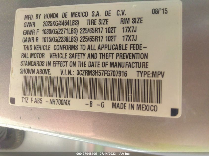 2015 HONDA CR-V EX - 3CZRM3H57FG707916