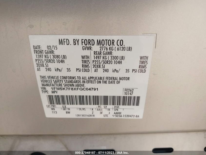 2015 FORD EXPLORER LIMITED - 1FM5K7F8XFGC04791