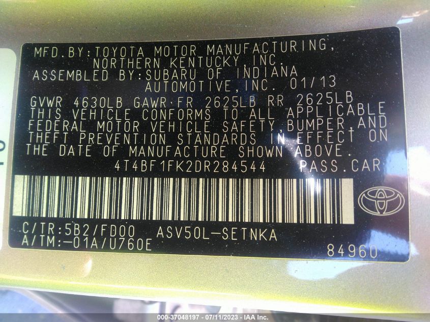 2013 TOYOTA CAMRY L/LE/SE/XLE - 4T4BF1FK2DR284544
