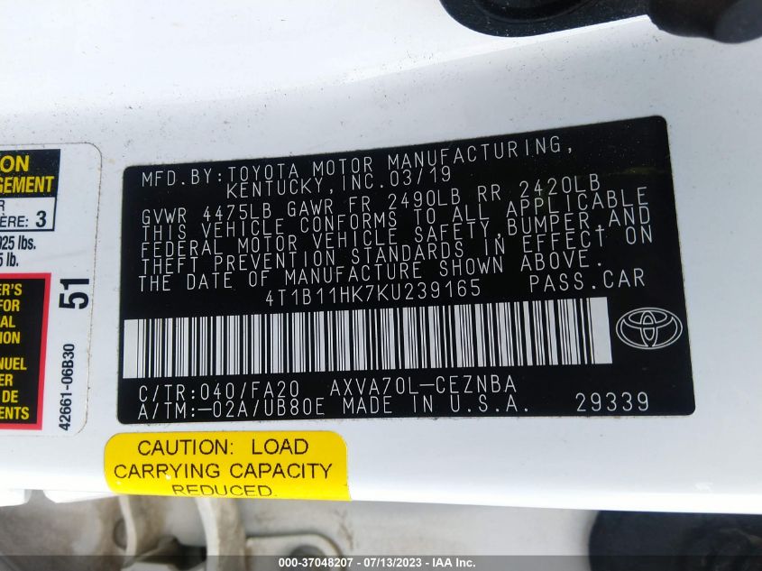 2019 TOYOTA CAMRY LE - 4T1B11HK7KU239165