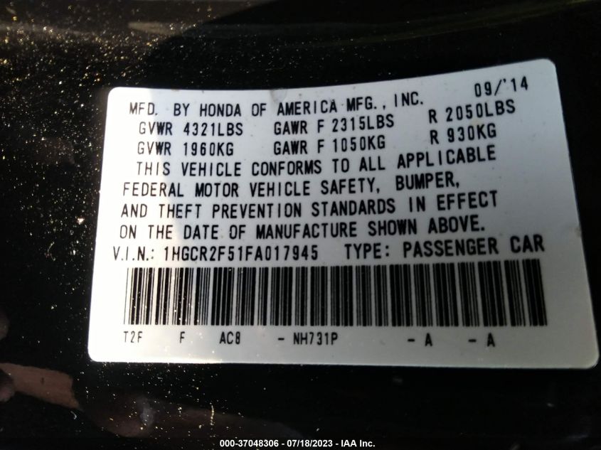 2015 HONDA ACCORD SEDAN SPORT - 1HGCR2F51FA017945