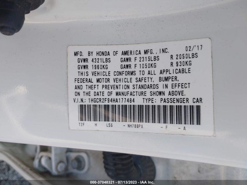 2017 HONDA ACCORD SEDAN EX-L - 1HGCR2F94HA177484