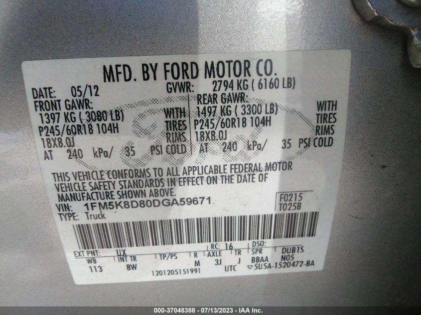 2013 FORD EXPLORER XLT - 1FM5K8D80DGA59671
