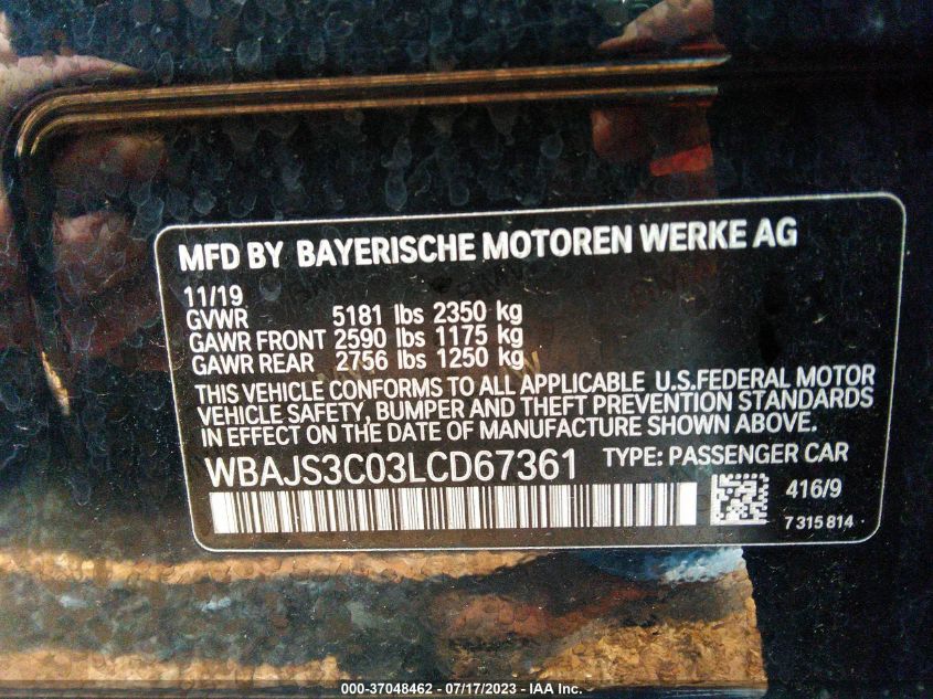 2020 BMW 5 SERIES 540I XDRIVE - WBAJS3C03LCD67361