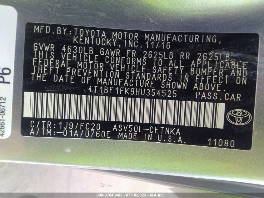 2017 TOYOTA CAMRY XLE/SE/LE/XSE - 4T1BF1FK9HU354525