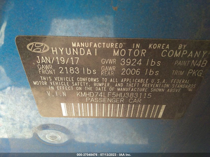 2017 HYUNDAI ELANTRA SE - KMHD74LF5HU383115