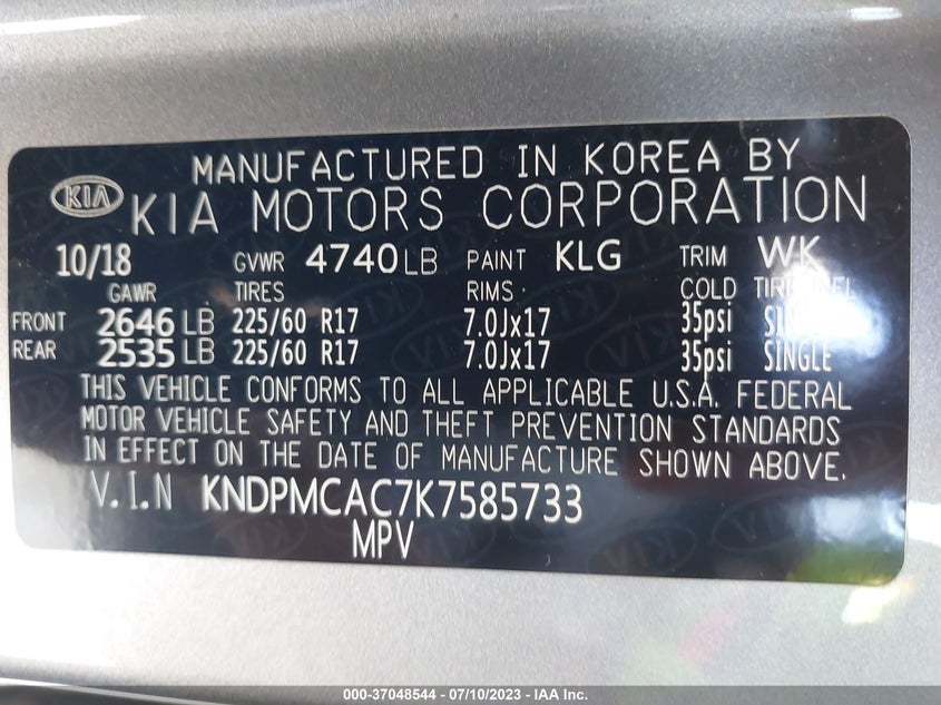 VIN KNDPMCAC7K7585733 2019 KIA SPORTAGE LX
