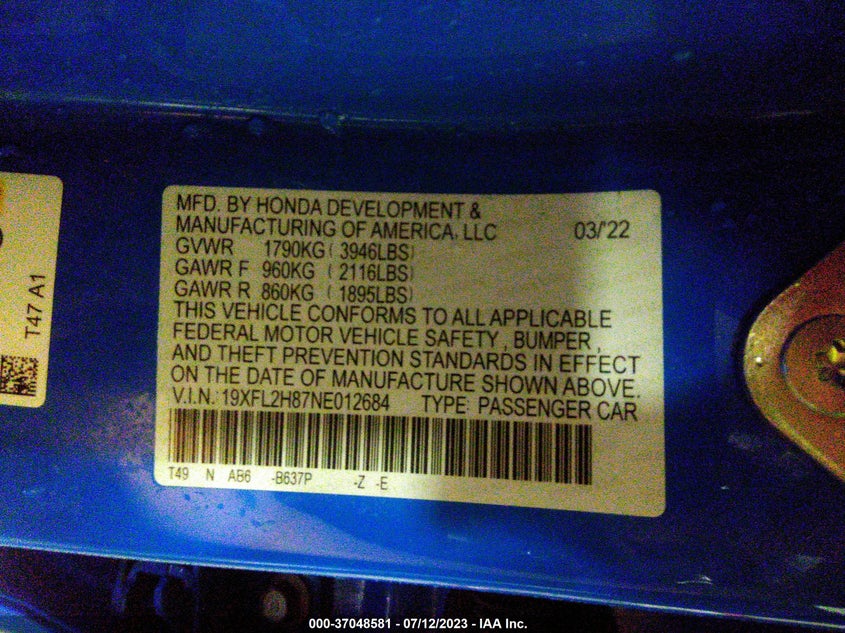 VIN 19XFL2H87NE012684 2022 HONDA CIVIC HATCHBACK SPORT