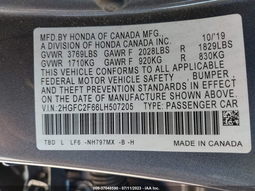 VIN 2HGFC2F66LH507205 2020 HONDA CIVIC SEDAN LX