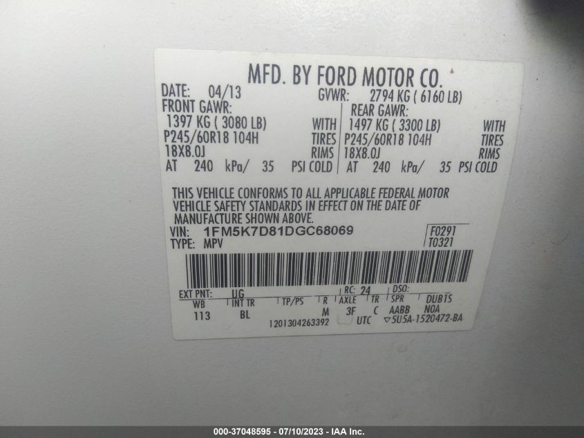 2013 FORD EXPLORER XLT - 1FM5K7D81DGC68069