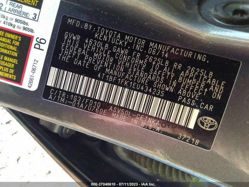 2014 TOYOTA CAMRY L/LE/XLE/SE/SE SPORT - 4T1BF1FK1EU434235