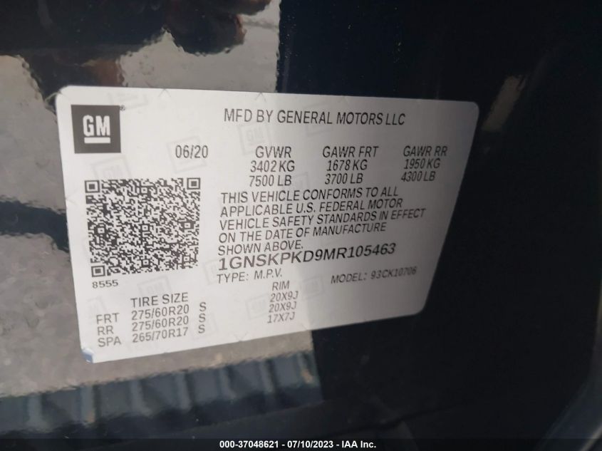 2021 CHEVROLET TAHOE Z71 - 1GNSKPKD9MR105463