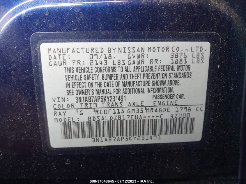 2019 NISSAN SENTRA SV - 3N1AB7AP5KY231491