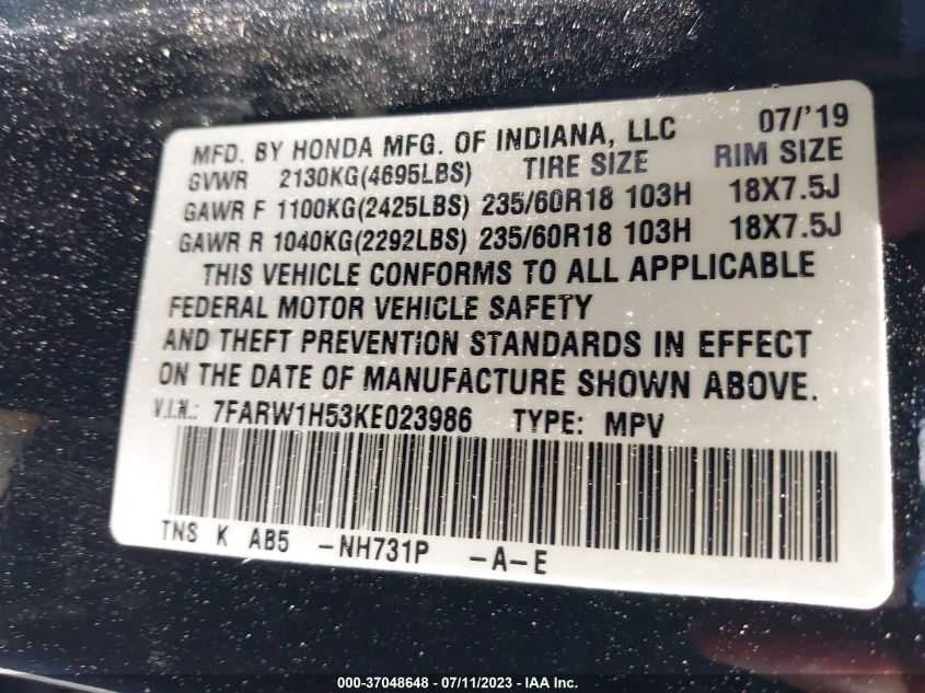 2019 HONDA CR-V EX - 7FARW1H53KE023986