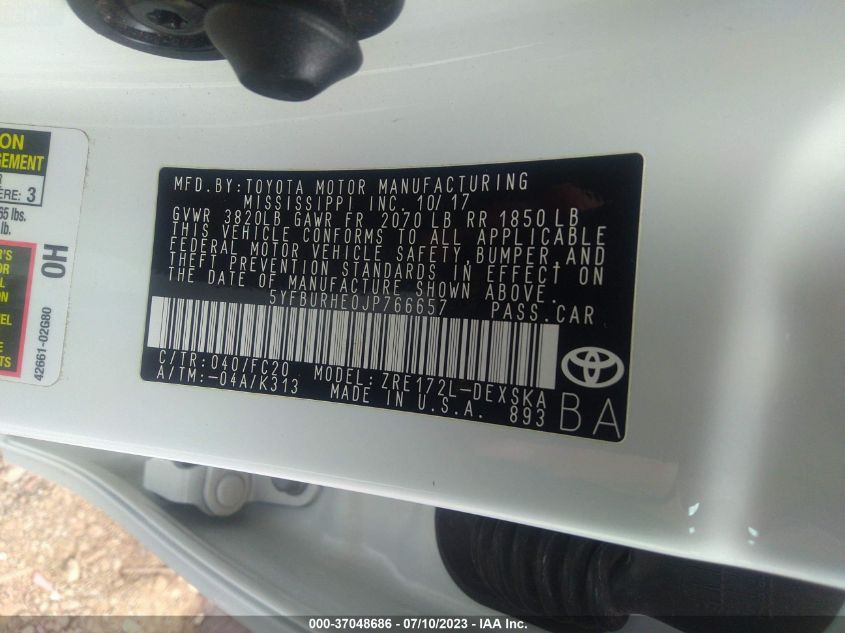2018 TOYOTA COROLLA L/LE/XLE/SE/XSE - 5YFBURHE0JP766657