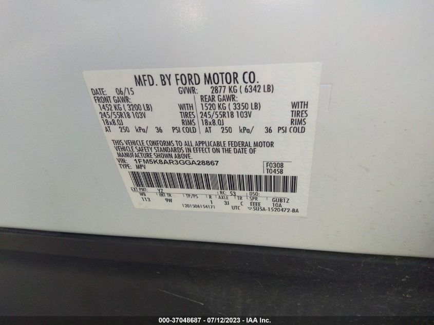 2016 FORD UTILITY POLICE 1FM5K8AR3GGA28867