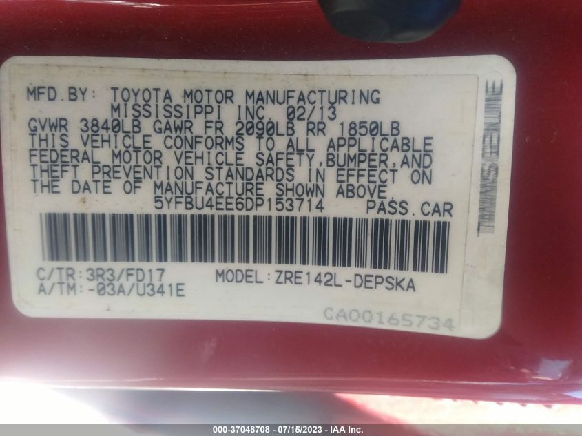 2013 TOYOTA COROLLA L/LE/S - 5YFBU4EE6DP153714