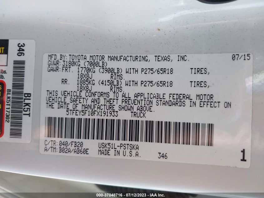 2015 TOYOTA TUNDRA 2WD TRUCK SR5 - 5TFEY5F10FX191933