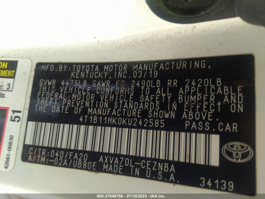 2019 TOYOTA CAMRY LE/SE/XLE/L - 4T1B11HK0KU242585