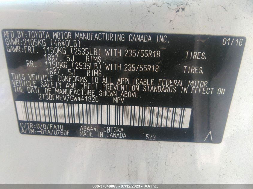 2016 TOYOTA RAV4 LIMITED - 2T3DFREV7GW441820