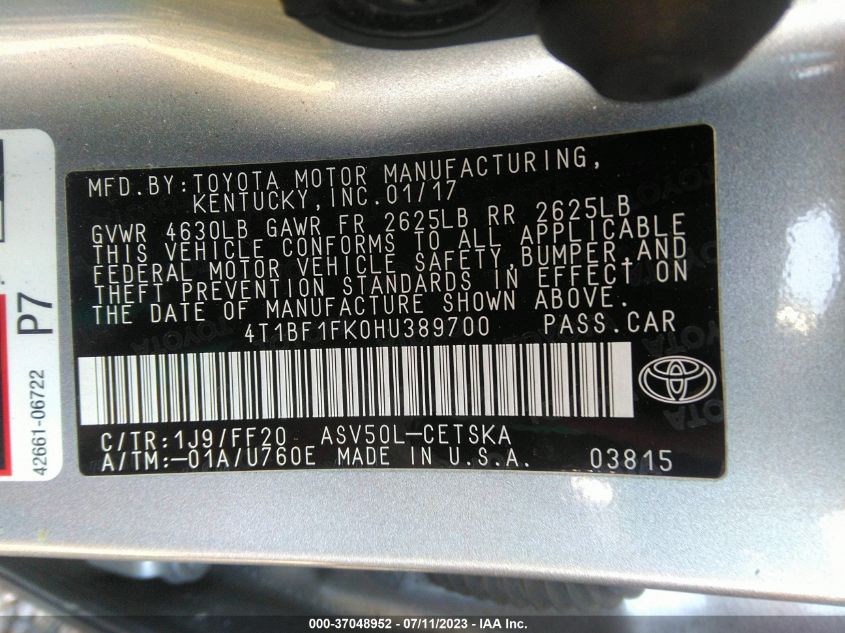 2017 TOYOTA CAMRY SE - 4T1BF1FK0HU389700