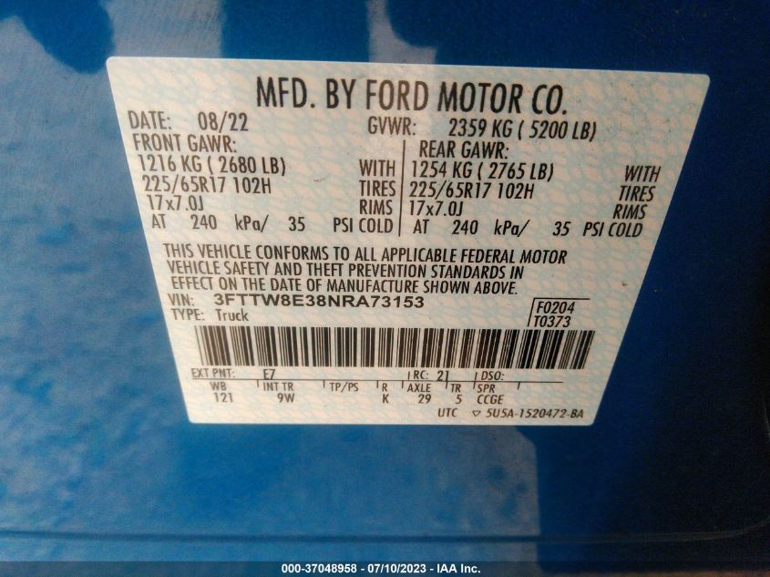 2022 FORD MAVERICK XL/XLT/LARIAT - 3FTTW8E38NRA73153
