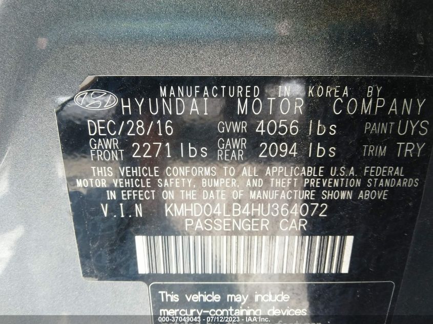 2017 HYUNDAI ELANTRA SPORT - KMHD04LB4HU364072