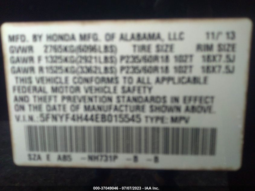 2014 HONDA PILOT EX - 5FNYF4H44EB015545