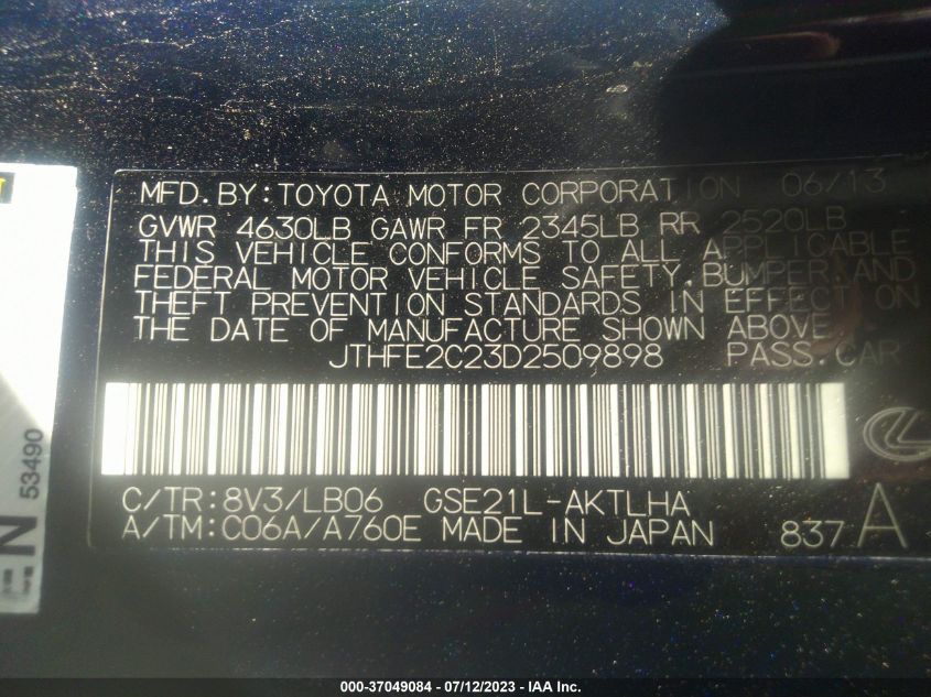 2013 LEXUS IS 350C JTHFE2C23D2509898