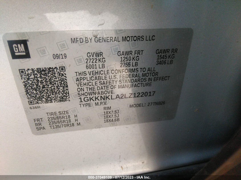 VIN 1GKKNKLA2LZ122017 2020 GMC ACADIA SLE