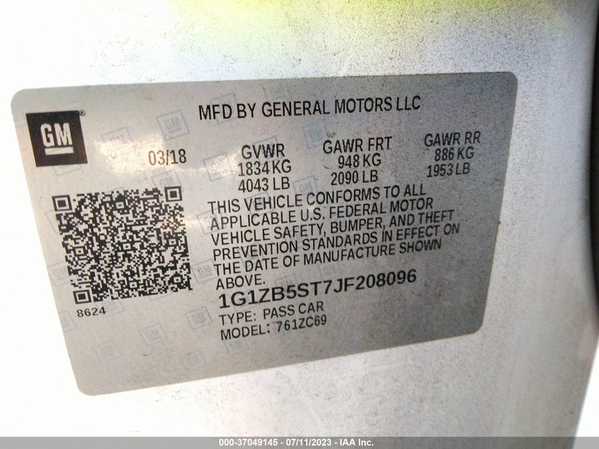 VIN 1G1ZB5ST7JF208096 2018 CHEVROLET MALIBU LS