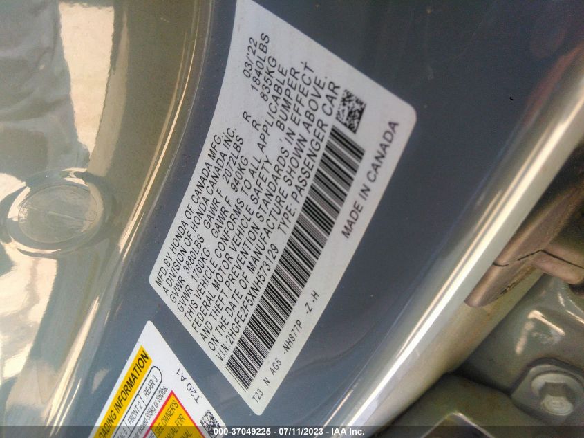 2022 HONDA CIVIC SEDAN SPORT - 2HGFE2F5XNH573129