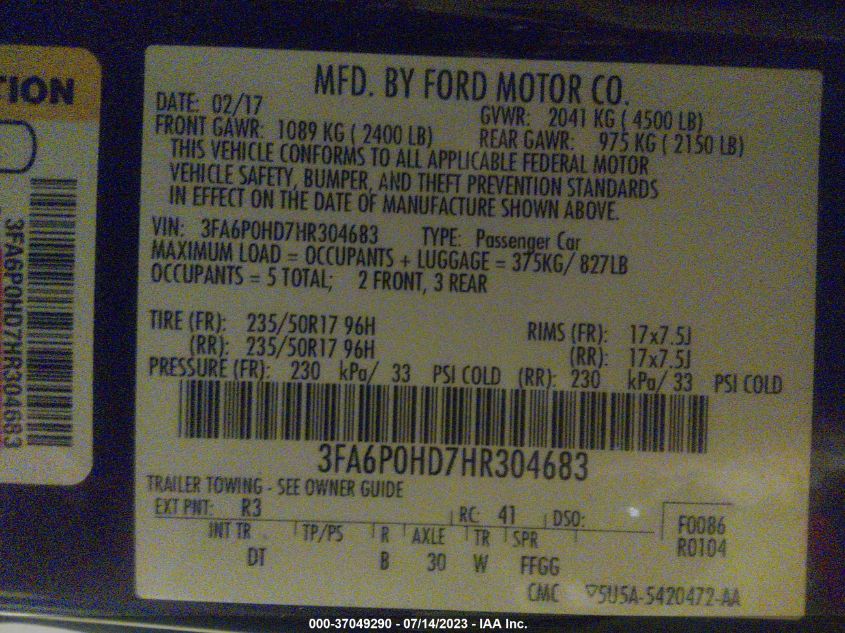 2017 FORD FUSION SE - 3FA6P0HD7HR304683