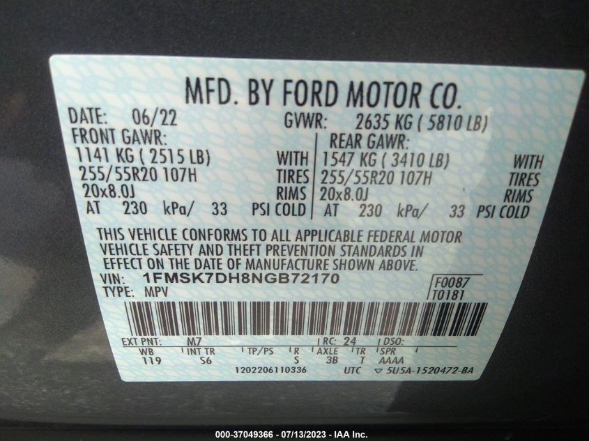 2022 FORD EXPLORER XLT - 1FMSK7DH8NGB72170
