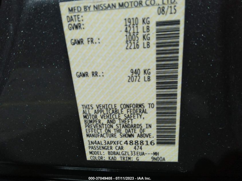 2015 NISSAN ALTIMA 2.5 S - 1N4AL3APXFC488816