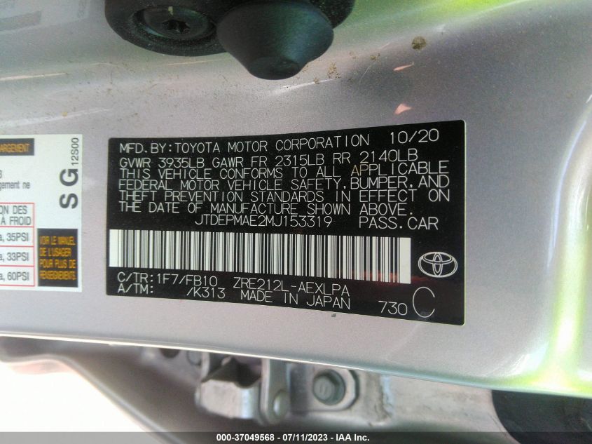 2021 TOYOTA COROLLA LE - JTDEPMAE2MJ153319