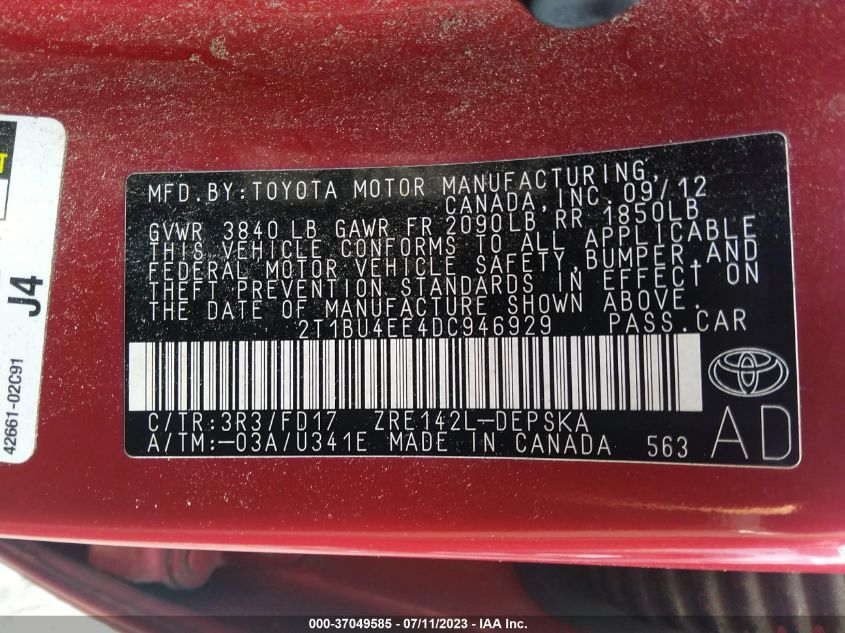 2013 TOYOTA COROLLA L/LE/S - 2T1BU4EE4DC946929