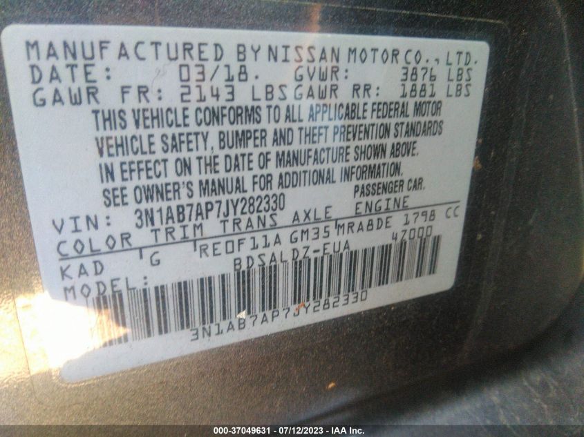 2018 NISSAN SENTRA S/SV/SR/SL - 3N1AB7AP7JY282330