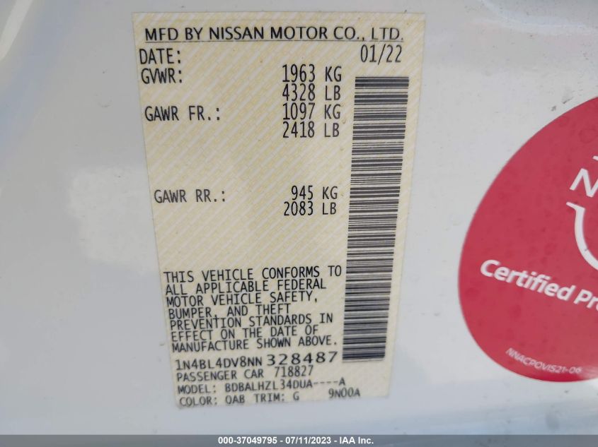 2022 NISSAN ALTIMA 2.5 SV - 1N4BL4DV8NN328487
