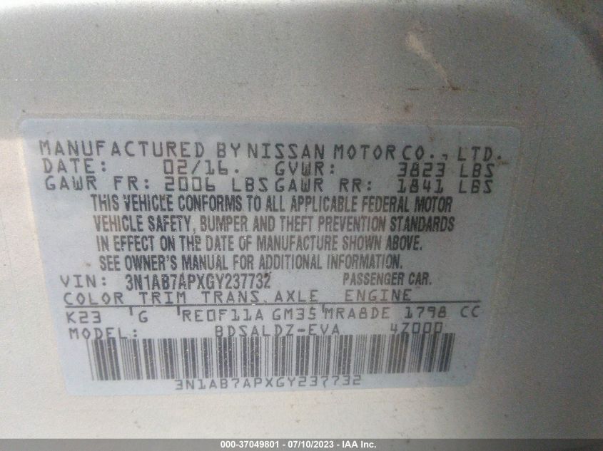 2016 NISSAN SENTRA SV - 3N1AB7APXGY237732