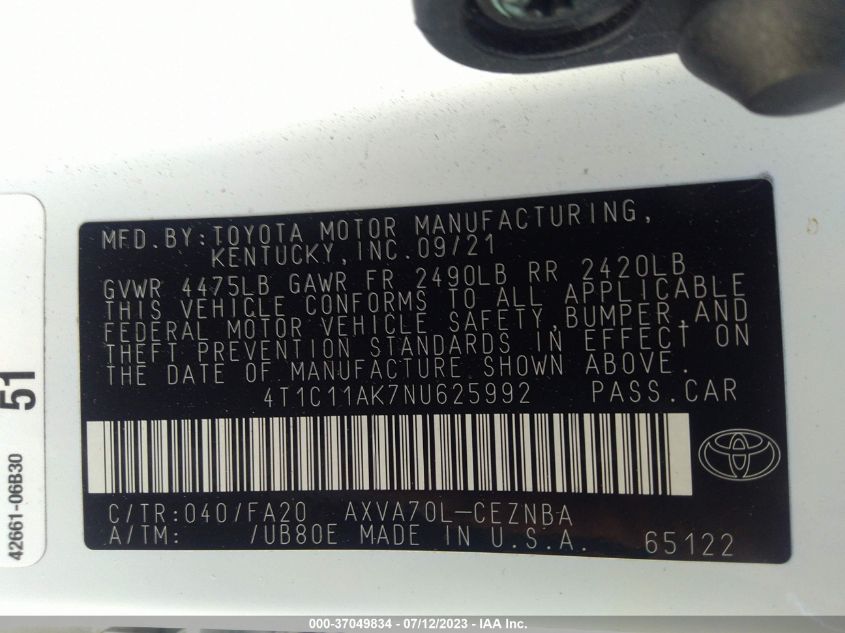 2022 TOYOTA CAMRY LE - 4T1C11AK7NU625992