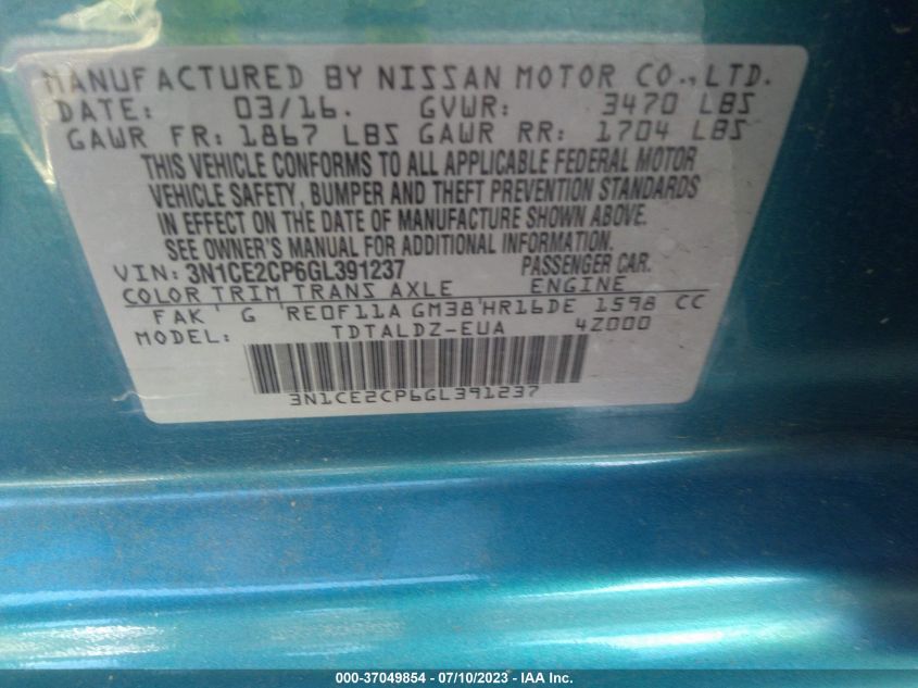 2016 NISSAN VERSA NOTE SV - 3N1CE2CP6GL391237