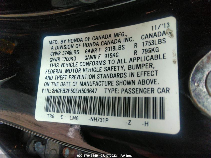 2014 HONDA CIVIC SEDAN LX - 2HGFB2F50EH503647