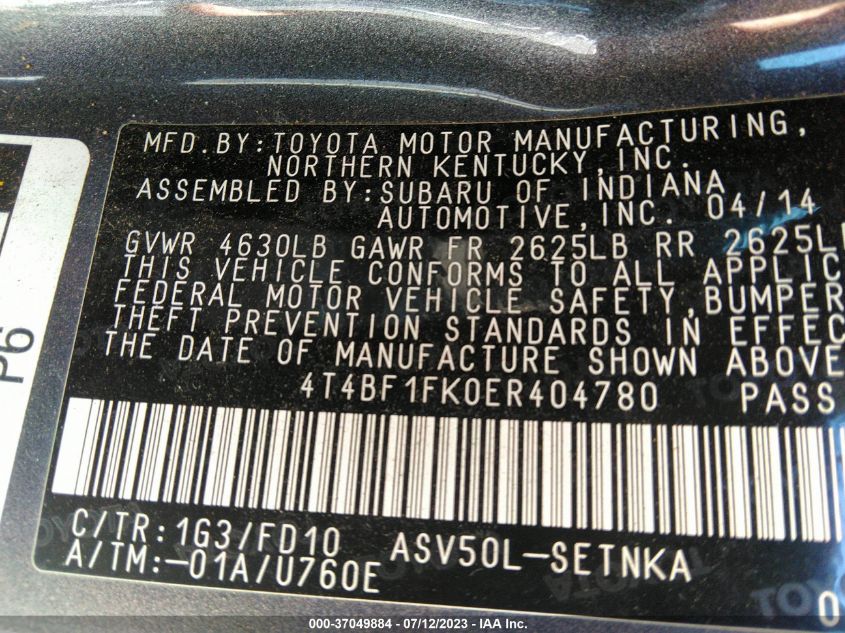 2014 TOYOTA CAMRY L/LE/XLE/SE/SE SPORT - 4T4BF1FK0ER404780