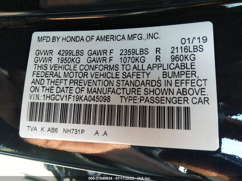 2019 HONDA ACCORD SEDAN LX 1.5T - 1HGCV1F19KA045098